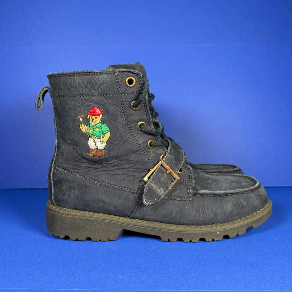 Polo Ralph Lauren Ranger Hi II Polo Bear Navy Blue Leather Boots Boys Size 4